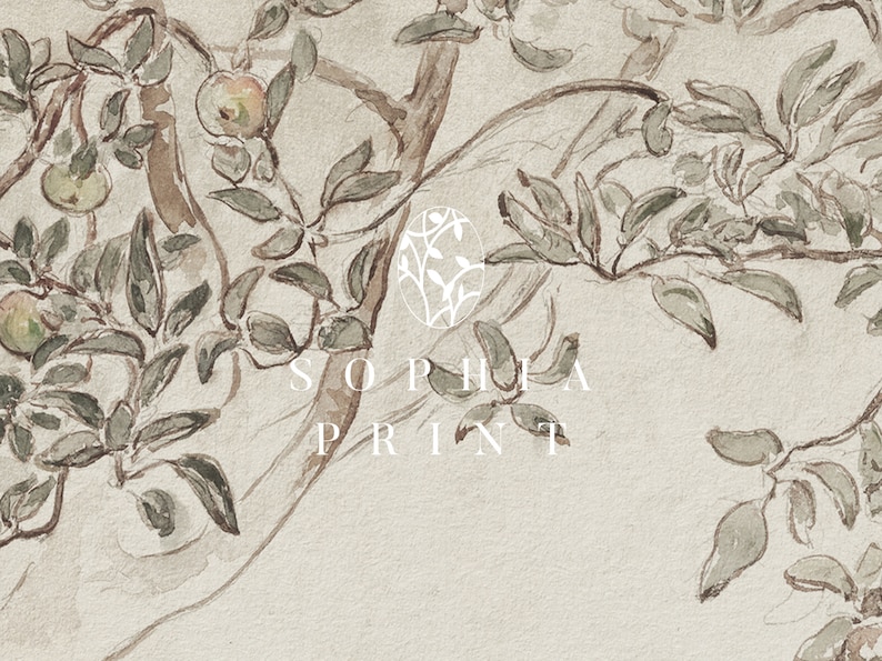 Op de afbeelding: Een aquarel schilderij van een tak met groene bladeren en bruine takken. De boom is geschilderd op een licht beige achtergrond. De tekst "Sophia Print" is zichtbaar in het midden onderaan de afbeelding.