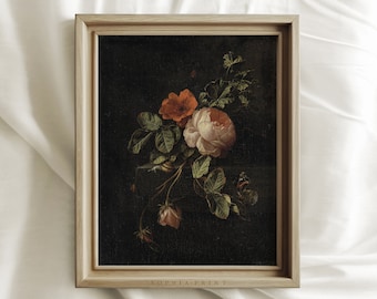 Pink Rose And Red Flower In Dark, Flowers And Snail, Moody Flowers Art Print, Farmhouse Decor, Mailed Print, Sophia Print Shipped Print #275