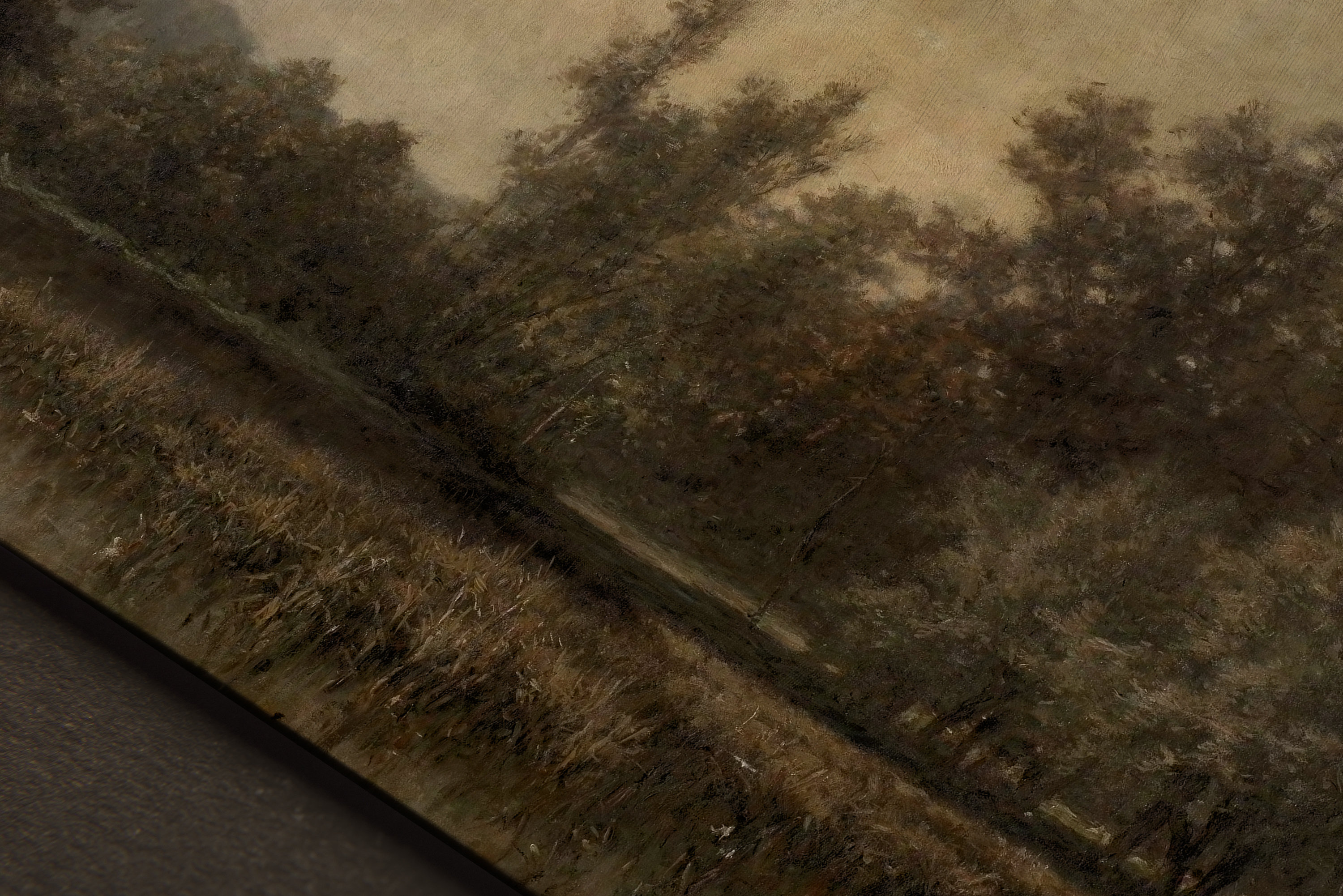 ヴィンテージ風ダークブラウンの風景画、ダークでムーディーな絵画