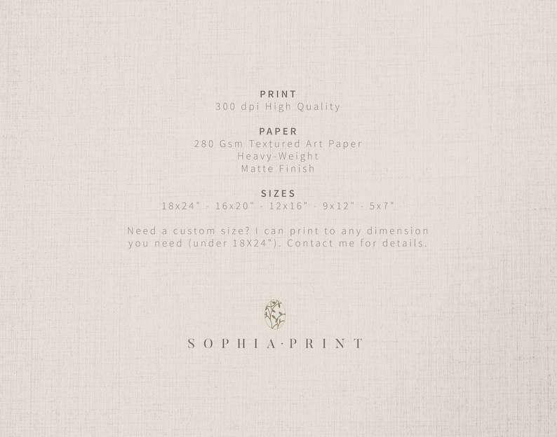 May include: Text on a beige background details print specifications, including 300 dpi high quality, 280 gsm textured art paper, and matte finish. Available sizes are 18x24", 16x20", 12x16", 9x12", and 5x7". The text also mentions custom sizes and the brand "SOPHIA PRINT".