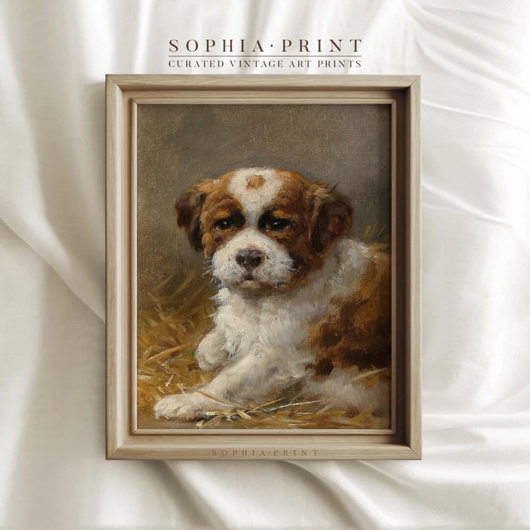 犬の絵画アートプリント、茶色と白の犬のアートプリント、ペットの絵画