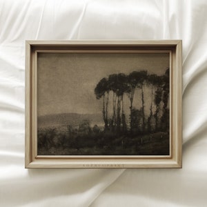 Könnte beinhalten: Ein gerahmtes Schwarzweißfoto einer Reihe von Bäumen in einer Landschaft. Die Bäume sind vor einem bewölkten Himmel silhouettiert. Das Bild ist in einem hellen Holzrahmen gerahmt mit dem Text "SOPHIA PRINT" unten.
