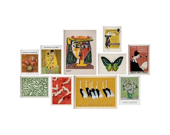 May include: A collection of framed art prints featuring various styles and subjects, including a portrait of a woman with a hat, a painting of a couple kissing, a butterfly, a floral still life, a group of cranes, and a newspaper headline.