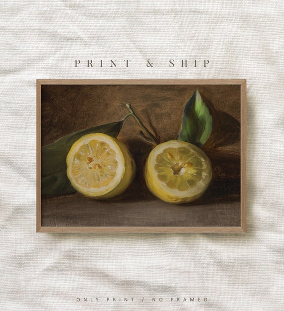Vintage Kitchen Fruit Print, Two Lemons Painting, Farmhouse Decor, Kitchen Shelf Decor, Country Kitchen Art, Still Life Painting #25