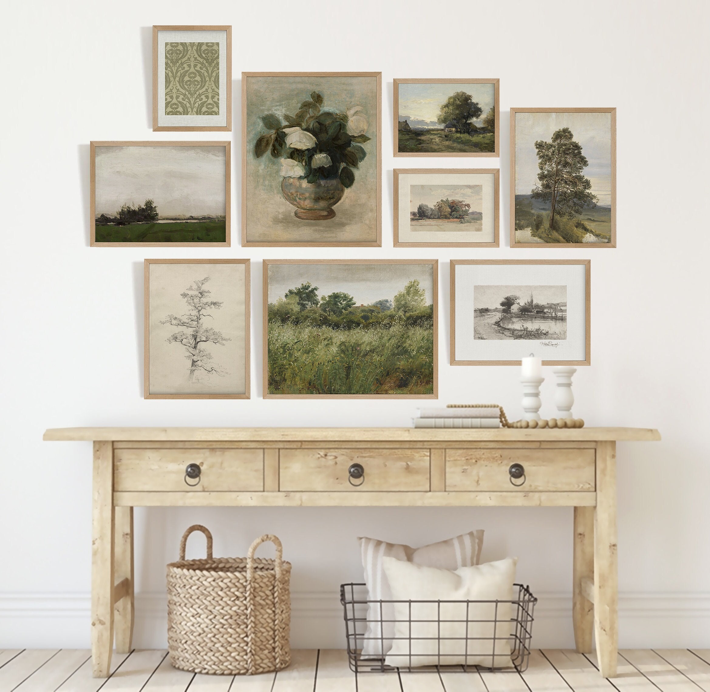 Gallery Wall Set of 9, Green Neutral Vintage Prints, French Country ...