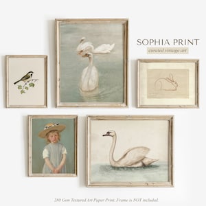 Puede incluir: Una colecci&oacute;n de grabados art&iacute;sticos vintage enmarcados. Los grabados presentan un p&aacute;jaro en una rama, cisnes en el agua, un ni&ntilde;o con vestido y sombrero, un cisne en el agua y un boceto de conejo. El texto "SOPHIA PRINT curated vintage art" es visible.