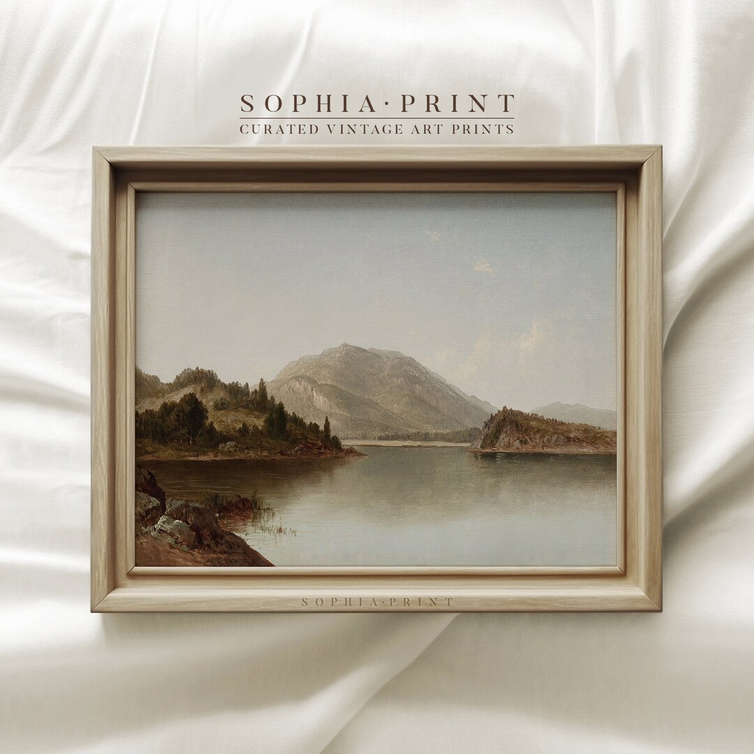 Ridge and Lake Painting Print, Vintage Nature Art Print, Lakehouse