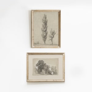 Vintage Sketch Print SET of Two,Landscape Art, Farmhouse Sketch Print, Vintage Tree Drawing Print, Beige Tone,  Gallery Wall Art #628