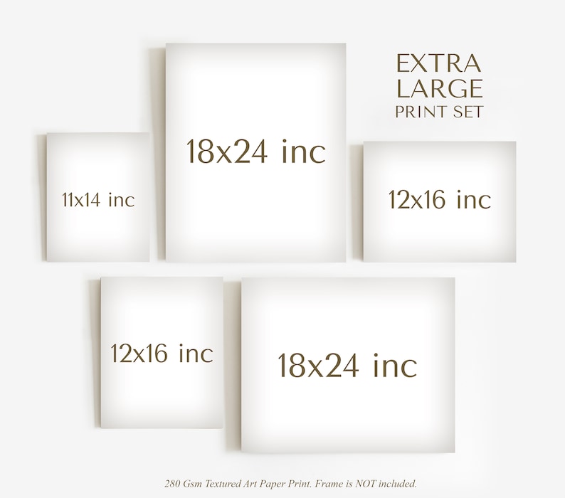 Puede incluir: Un juego de impresi&oacute;n extra grande con cinco impresiones rectangulares blancas de varios tama&ntilde;os. Los tama&ntilde;os son 28 x 36 cm, 30 x 41 cm y 46 x 61 cm. El texto "EXTRA LARGE PRINT SET" se muestra en la esquina superior derecha.