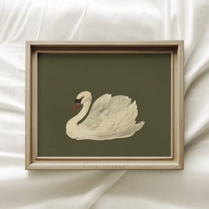 Vintage Green Swan Art, Sage Green Swan Wall Art, Girls Room Decor, Nursery Print, Textured Paper Print, MAILED ART PRINTS #337