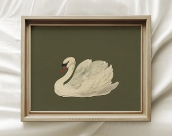 Vintage Green Swan Art, Sage Green Swan Wall Art, Girls Room Decor, Nursery Print, Textured Paper Print, MAILED ART PRINTS #337