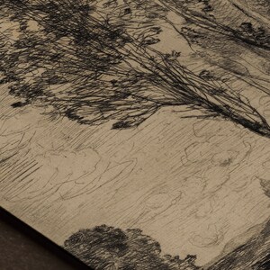 May include: A black and white etching of a tree with branches reaching up towards the sky. The background is a light brown color and has a textured look.