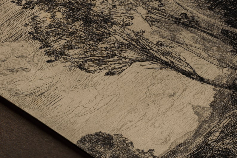 May include: A black and white etching of a tree with branches reaching up towards the sky. The background is a light brown color and has a textured look.