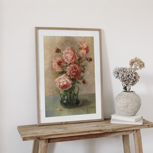 Pink Roses in the Vase Print, Vintage Pink Roses Painting Print ...