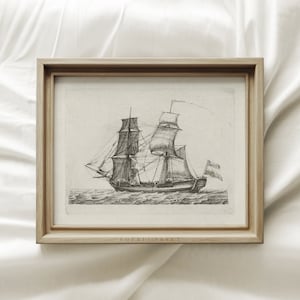 Gran velero blanco, barco majestuoso, arte mural de navegación, grabado vintage, lámina de arte neutro, lámina Sophia, láminas enviadas n.° 299