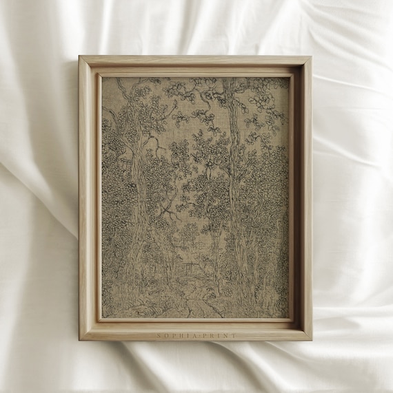 Ink Sketch Vintage Print, Antique Textile Wall Art, Forest Drawing, Dark Landscape Drawing, Rustic Farmhouse Decor, MAILED ART PRINTS #33
