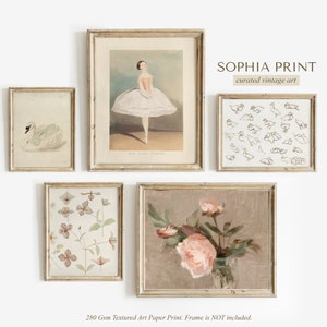 Girls Room Vintage Gallery SET, Print Set of 5, Nursery Wall Decor, Soft Powder Tone Print, Swan Sketch Ballerina Botanical Painting #673