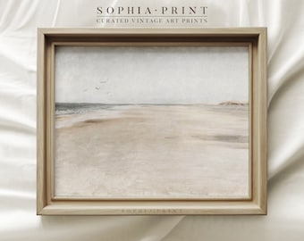 Vintage Neutral Beach Print, Soft Coastal Landscape Art Print, Bathroom Minimal Art Print, Muted Landscape Print, Textured Art Paper #406