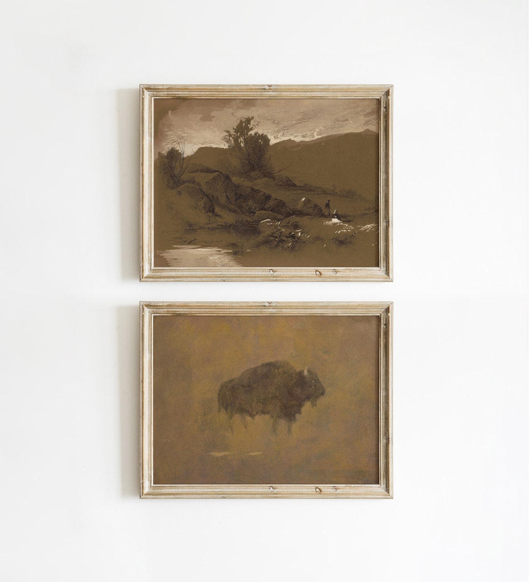 Vintage Art Print SET of Two, Brown Tones Landscape, Vintage Bison Art ...