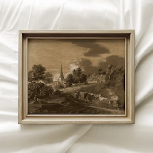 Vintage Sepia Prints, Landscape Drawing Wall Art, Country Sketch, Rustic Farmhouse Wall Decor, MAILED ART PRINTS #339