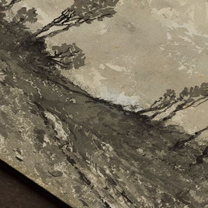 May include: A black and white ink drawing of a hillside with trees. The trees are drawn with a loose, expressive style, and the hillside is rendered in a more detailed manner. The drawing is on a textured paper, and the ink has bled slightly into the paper.