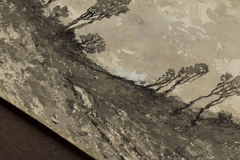 May include: A black and white ink drawing of a hillside with trees. The trees are drawn with a loose, expressive style, and the hillside is rendered in a more detailed manner. The drawing is on a textured paper, and the ink has bled slightly into the paper.