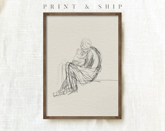 Motherhood Vintage Drawing, Mother and Child Wall Art, Sketch Art, Nursery Decor, Etching Art Print #44
