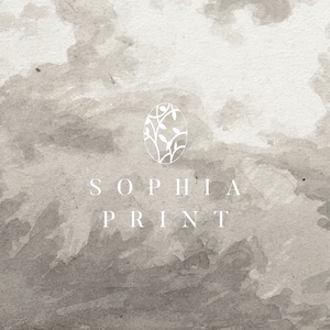 May include: A watercolour background with a white oval logo featuring a stylised branch with leaves. The text "SOPHIA PRINT" is below the logo.