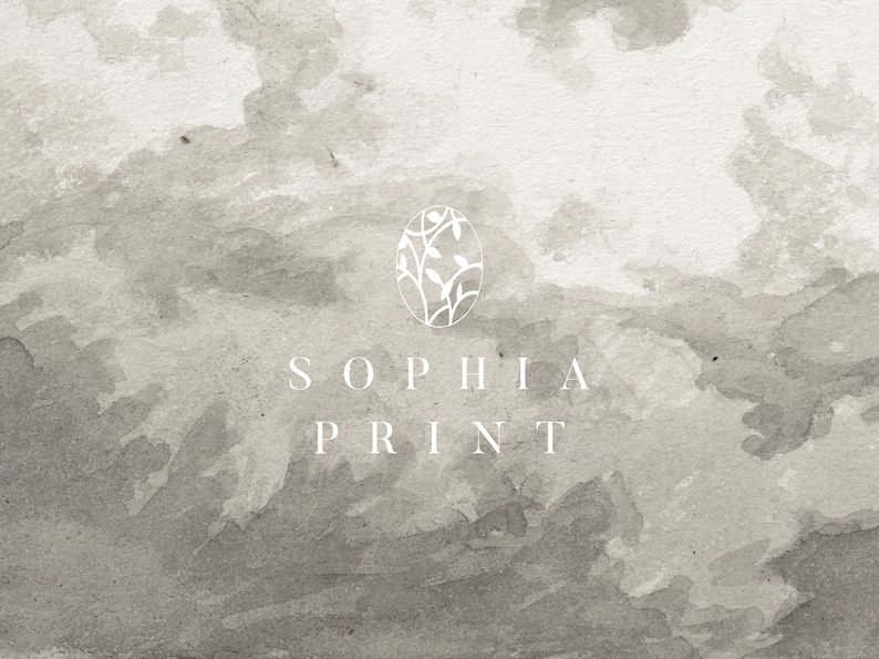 May include: A watercolour background with a white oval logo featuring a stylised branch with leaves. The text "SOPHIA PRINT" is below the logo.