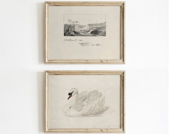 Vintage neutrale Art Print set van twee, beige tinten, Swan schets kunst, landschap tekening afdrukken, galerie kunst aan de muur, Inwijdingsfeest cadeau #465