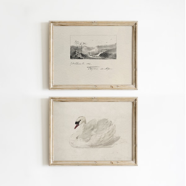 Vintage neutrale Art Print set van twee, beige tinten, Swan schets kunst, landschap tekening afdrukken, galerie kunst aan de muur, Inwijdingsfeest cadeau #465