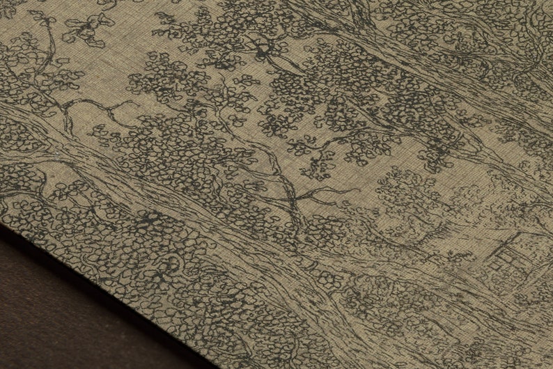 May include: A black and white illustration of a forest scene with trees and branches. The illustration is on a beige background.