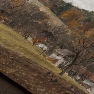 May include: An oil painting depicting a landscape with rolling hills and a small village. The color palette is dominated by earthy tones of brown, green, and gold, with a cloudy sky. Bare trees and small houses are visible.