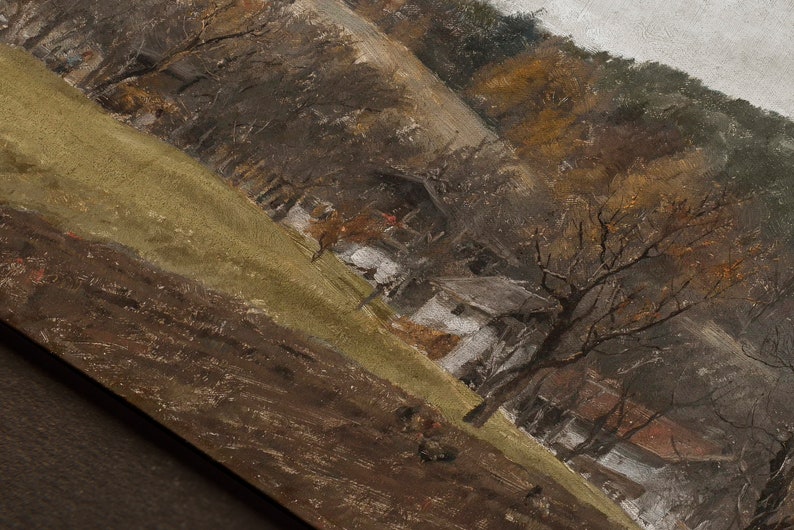 May include: An oil painting depicting a landscape with rolling hills and a small village. The color palette is dominated by earthy tones of brown, green, and gold, with a cloudy sky. Bare trees and small houses are visible.