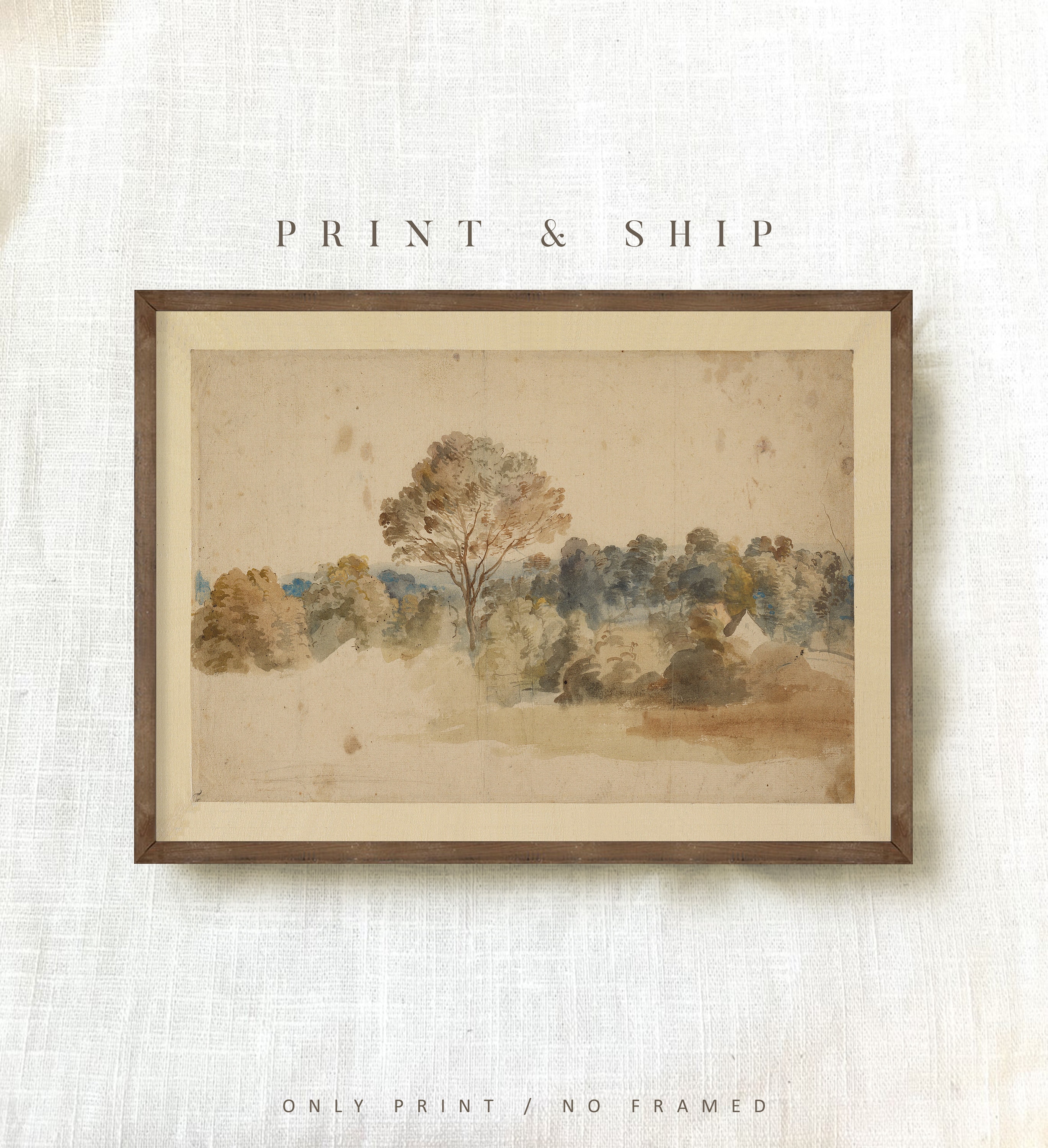 Landscape Prints, Vintage  Watercolor Meadow Painting Art, Country Art PRINTED, Farmhouse Wall Art, Above Bed Decor, Sepia Tone #149