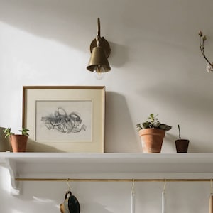 Op de afbeelding: Een wit rek met een messing lamp, een ingelijst zwart-witte tekening, drie planten in potten en een messing stang met haken die eraan hangen.