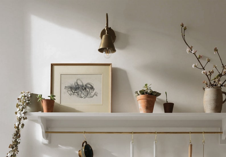 Op de afbeelding: Een wit rek met een messing lamp, een ingelijst zwart-witte tekening, drie planten in potten en een messing stang met haken die eraan hangen.