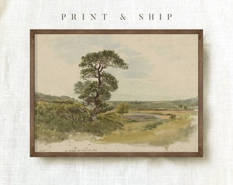 Country Landscape Print, Farmhouse Wall Decor, Watercolor Art Prints, Spring Tree Painting, French Country Art, Garden Painting #159