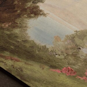 May include: A painting of a landscape with a blue sky and green trees. The trees are painted in a loose, impressionistic style, and the sky is a soft blue. There are pink flowers in the foreground.