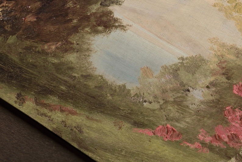 May include: A painting of a landscape with a blue sky and green trees. The trees are painted in a loose, impressionistic style, and the sky is a soft blue. There are pink flowers in the foreground.