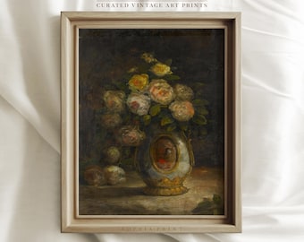 Gele rozen in vaas schilderij kunstprint, vintage gele bloemenkunstprint, vintage bloemenkunstprint, bloemenkunstprint, roos schilderij kunst #752