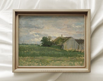 Könnte beinhalten: Ein gerahmtes Gemälde einer ländlichen Landschaft mit einem Bauernhaus in der Ferne. Der Himmel ist bewölkt und das Gras ist grün. Das Gemälde ist in einem hellen Holzrahmen.