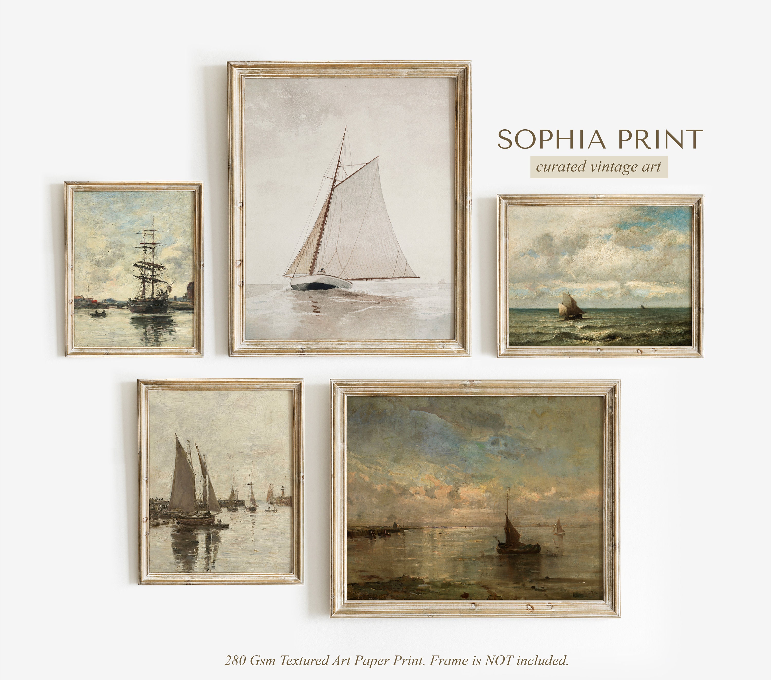 Nautical Gallery Wall Set, SET of 5, Vintage Print Set, Wall Art Set, Sailboat Painting Prints, Coastal Home Decor #641