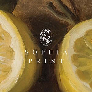 May include: A close-up of two halved lemons with a white logo that says "SOPHIA PRINT" and a stylized branch design in a circle.