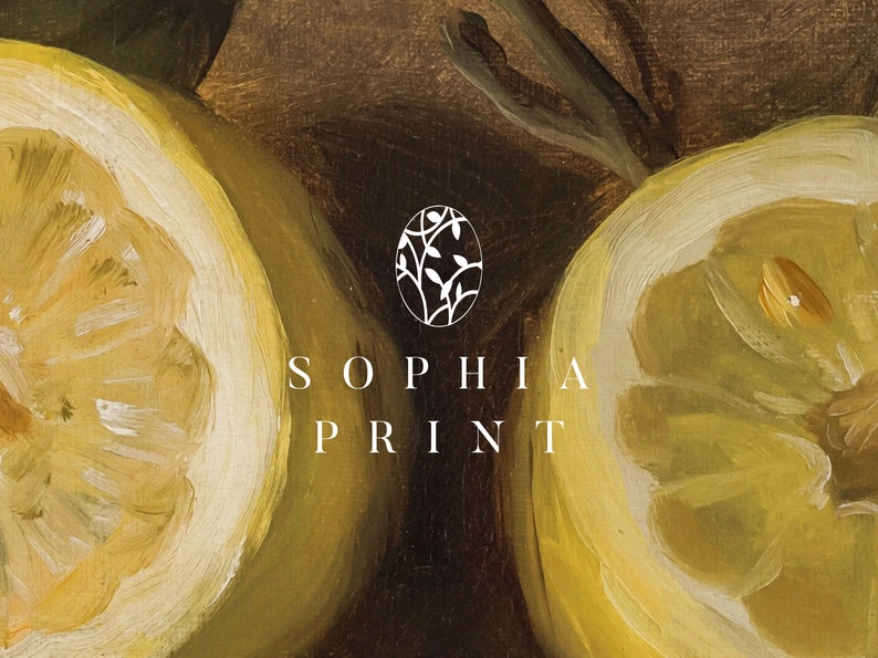 May include: A close-up of two halved lemons with a white logo that says "SOPHIA PRINT" and a stylized branch design in a circle.
