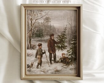 Menschen und Kiefer Kunstdruck, Dorfbewohner und Winter Kunstdruck, Schnee Kunstdruck, Winter Malerei Druck #859