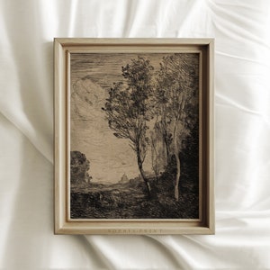 May include: A black and white print of a landscape with trees and a building in the distance. The print is framed in a light wood frame.