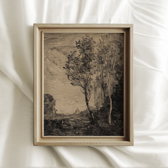 Dark Moody Vintage Landscape Print, Brown Tree Sketch Art, Rustic Farmhouse Drawing, Antique Art Print, Housewarming Gift #145