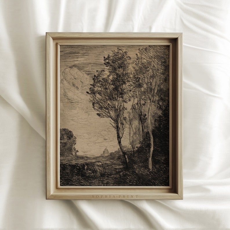 May include: A black and white print of a landscape with trees and a building in the distance. The print is framed in a light wood frame.