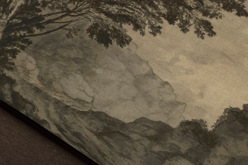 May include: A vintage, sepia-toned image of a landscape with a tree in the foreground and a mountain range in the background. The image has a faded, textured look.